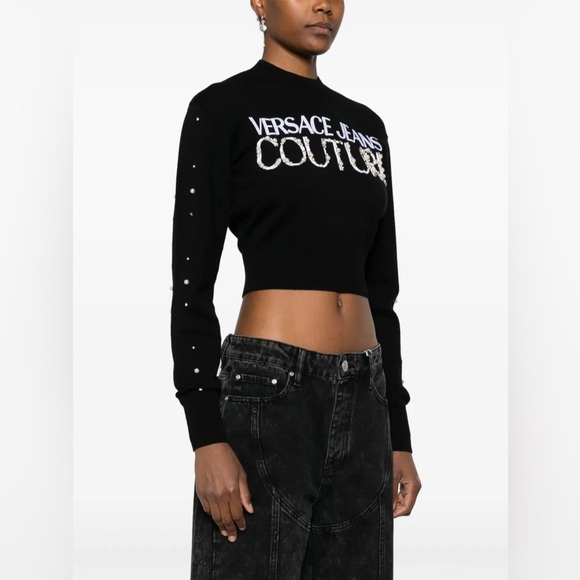 VERSACE JEANS COUTURE Faux Pearl and Crystal Embellished Logo Sweater Small NWOT